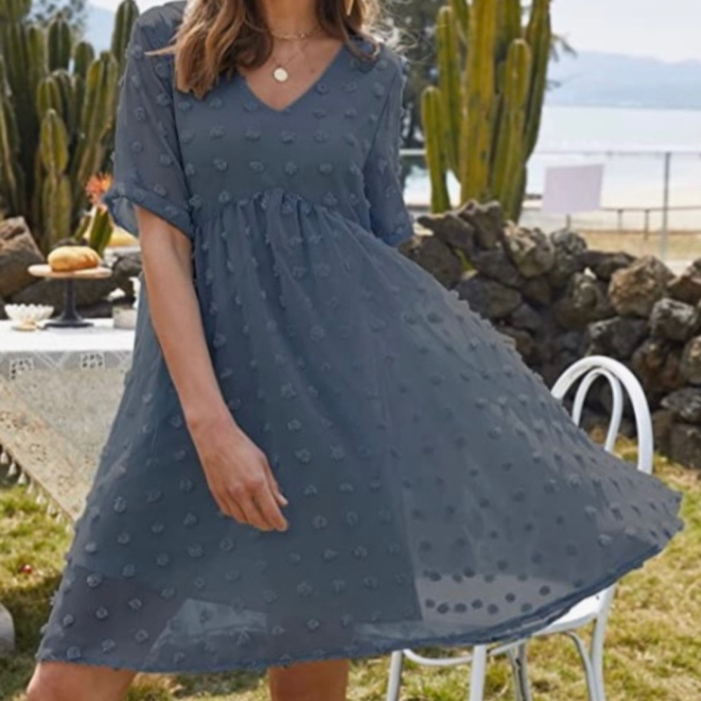 New Women's Babydoll Dress Flowy Swiss Dot Chiffon Fully Lined Dusk Blue Small